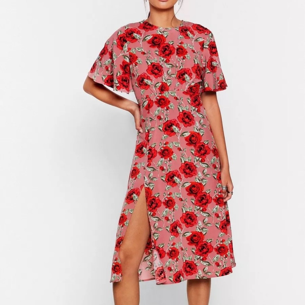 Nasty Girl Women's Floral Rose Open Back Dress w/ Side Slit Red Pink NWOT Medium